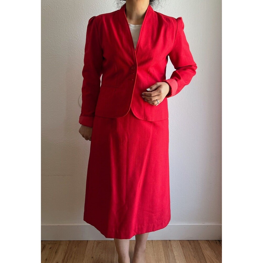vtg 80s oscar de la renta red skirt blazer suit size 11/12‎ retro modest classic - Picture 6 of 10